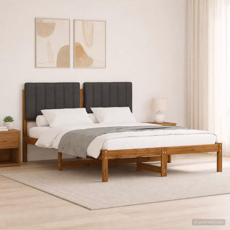 Letto con Testiera Rivestita vidaXL in Legno di Acacia e Tessuto, Colore Naturale e Grigio, L/P/H: 140 x 200 x 85 cm