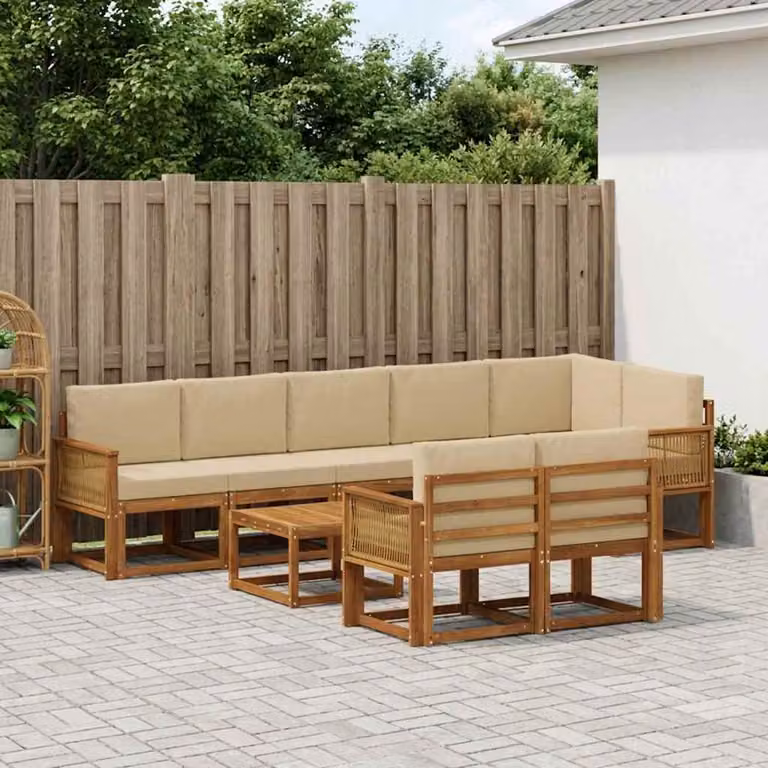 Set di divani da esterno a L vidaXL in legno di acacia con tavolo da caffè e cuscini, 9 pezzi, Beige e Marrone