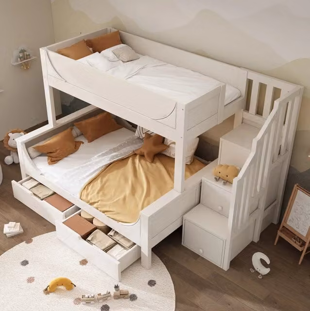 Letto a castello in legno e metallo con scala-armadio e cassetti; 90/140 x 200 cm; bianco