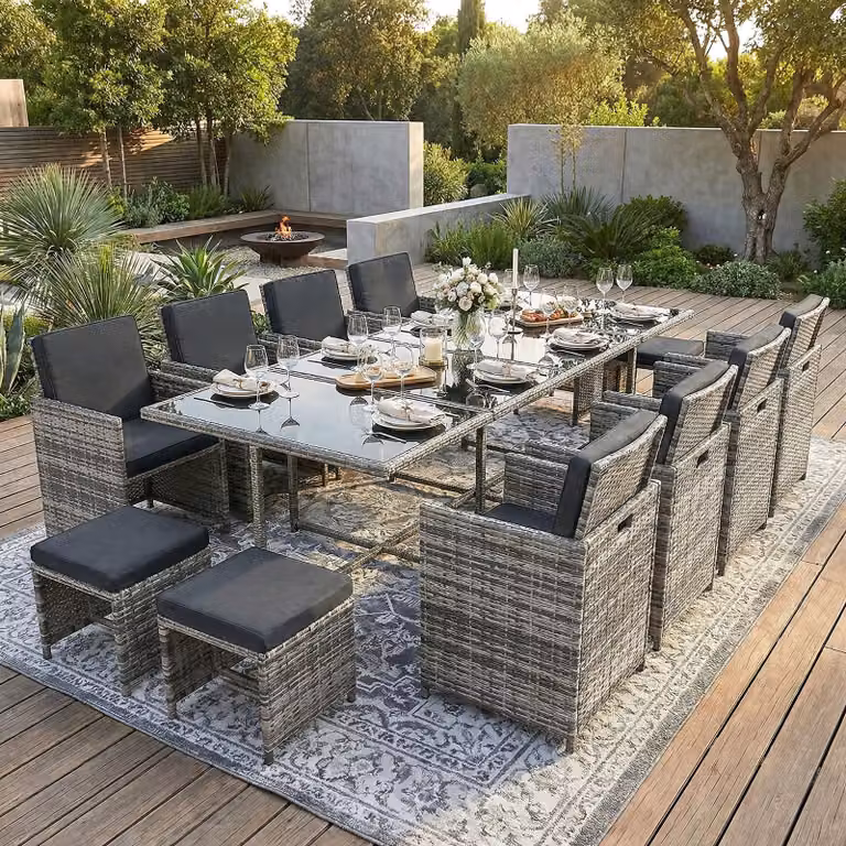 Set di mobili da giardino in polirattan per tavolo da pranzo e salotto Set da giardino da 13 pezzi 1x tavolo + 8x sedie + 4x sgabelli - grigio