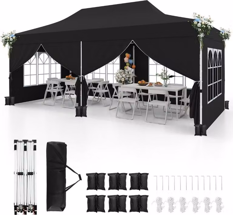 Tenda a baldacchino pop-up 3x6 m con pareti rimovibili, nera