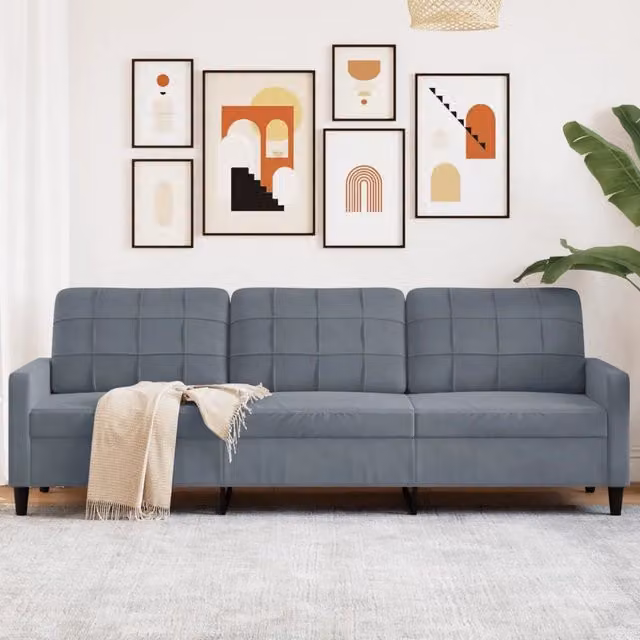 Divano a 3 posti moderno vidaXL in velluto grigio con struttura in metallo L: 226 cm, P: 80 cm, H: 77 cm