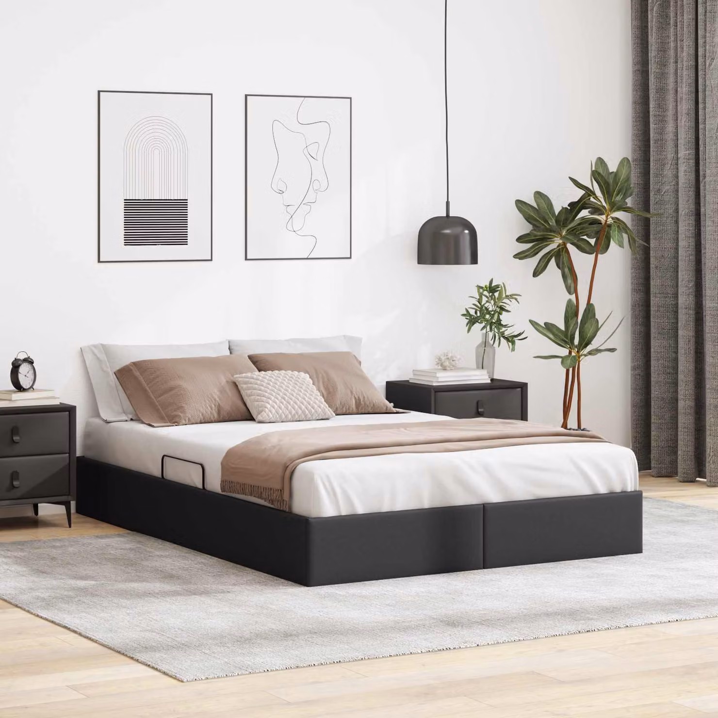 Letto ottomano vidaXL in pelle sintetica nera con base a sollevamento e struttura in metallo, L 140 cm x P 190 cm