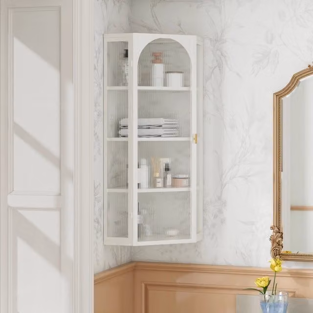 Colonna bagno pensile con 4 ripiani in vetro temperato e metallo per bagno e soggiorno, bianca, 56×40×105 cm