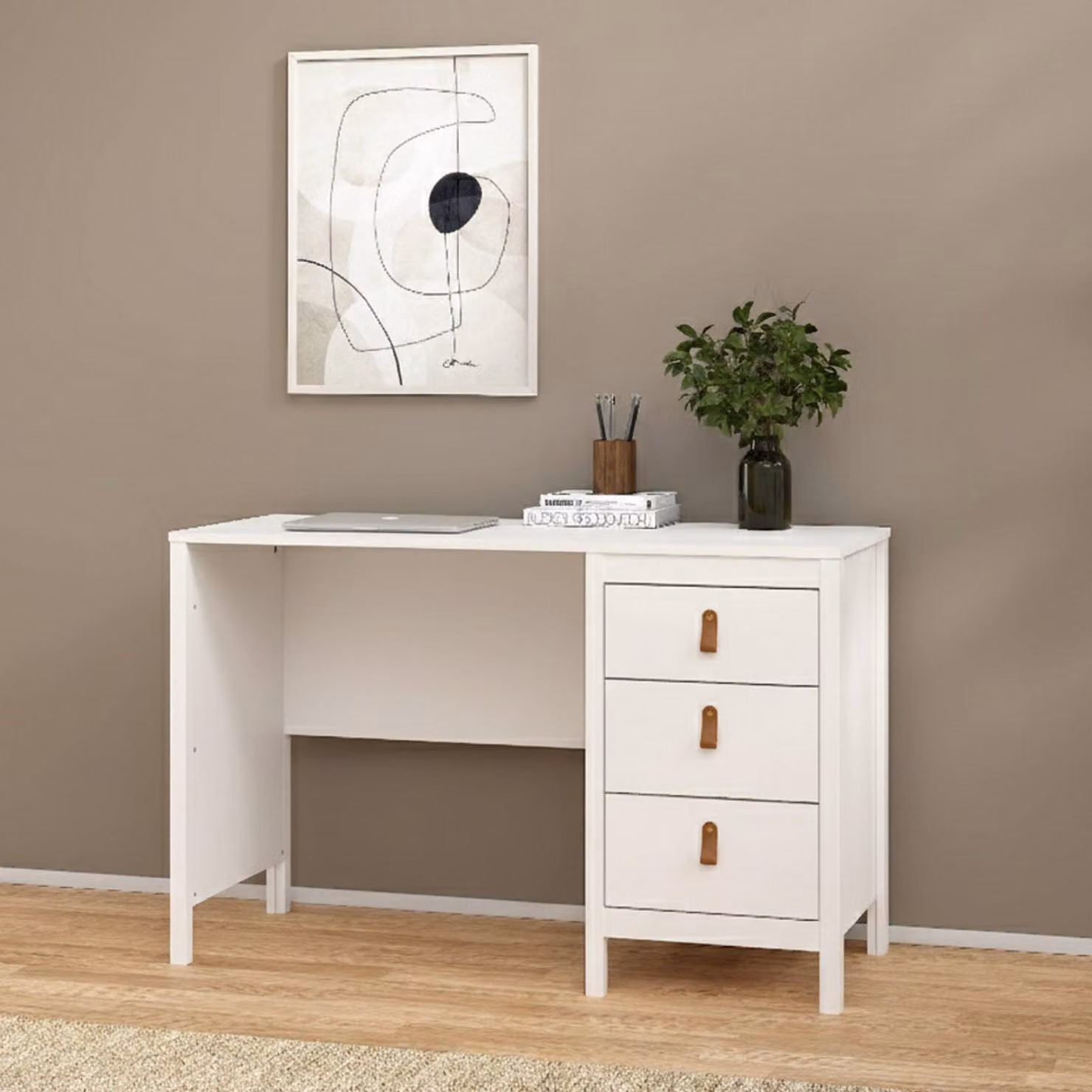 Dmora Scrivania Murjan 48x120.4x76.5h cm Bianco, 3 Cassetti Materiale Piano in Legno Nobilitato