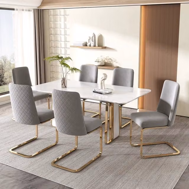 Set di 6 sedie da pranzo Mivray in velluto grigio con schienale geometrico e gambe in metallo lucido