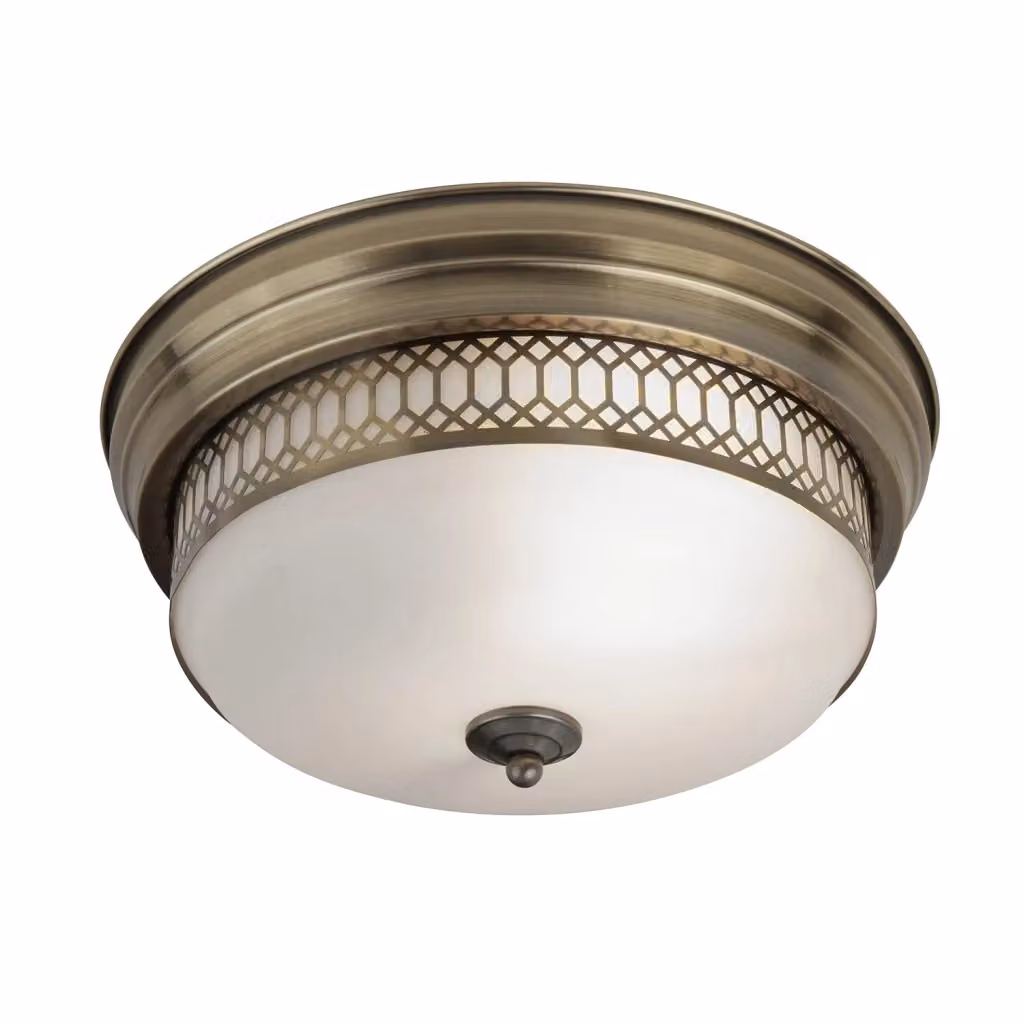 Plafoniera da soffitto Searchlight Edimburgo in ottone e vetro bianco con 2 luci E27 – 2