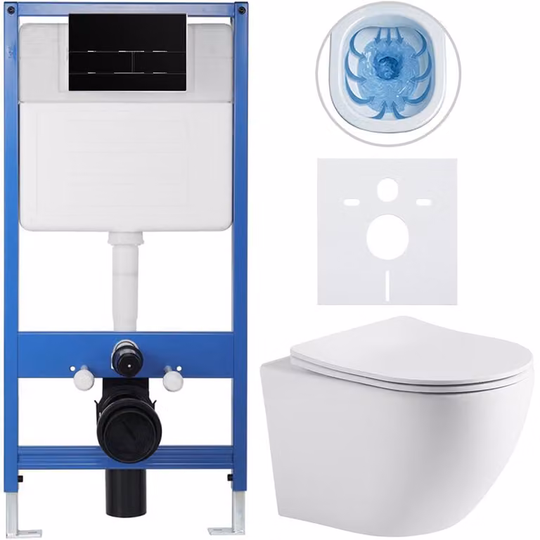 Set completo per WC sospeso Lite/Cesso - bianco opaco - pulsante per WC Line, nero opaco - installazione a parete - 49x36 cm