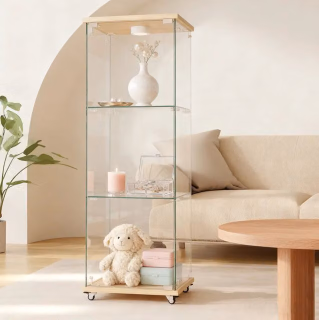 Vetrina MODFU con ante in vetro trasparente e illuminazione LED integrata, design minimalista beige e finitura lucida