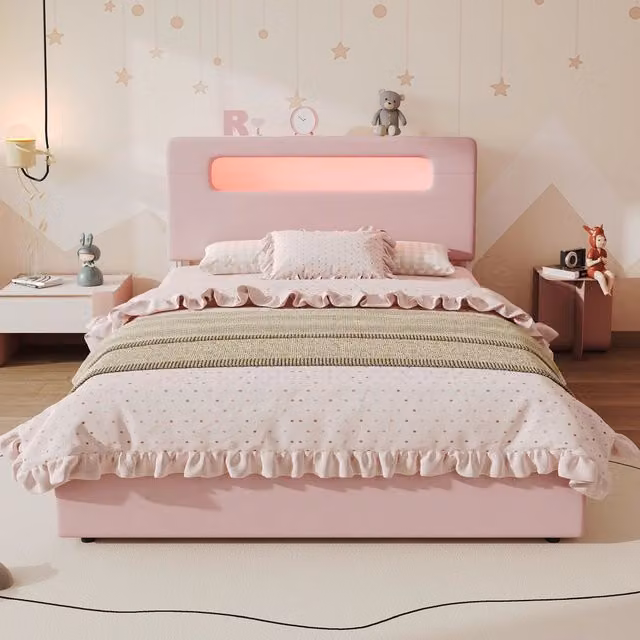 Letto imbottito per bambini 140 × 200 cm con quattro cassetti laterali testiera con vano aperto velluto rosa LED app
