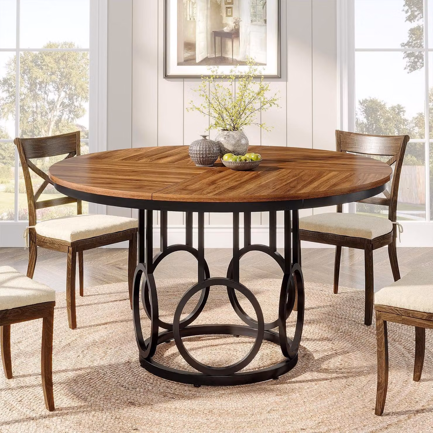 Tavolo rotondo da pranzo, diametro 120 cm, per 4-6 persone, in legno effetto rustico marrone con gambe in metallo
