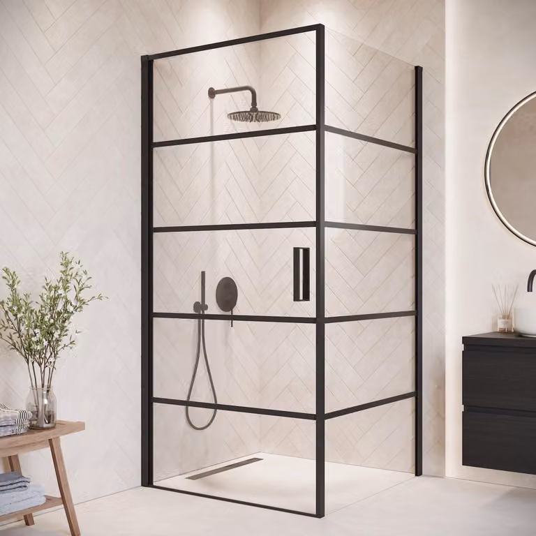 Badplaats Cabina Doccia Alava 90 x 90 x 190cm – Nero a Righe – Parete Doccia con Porta a Battente