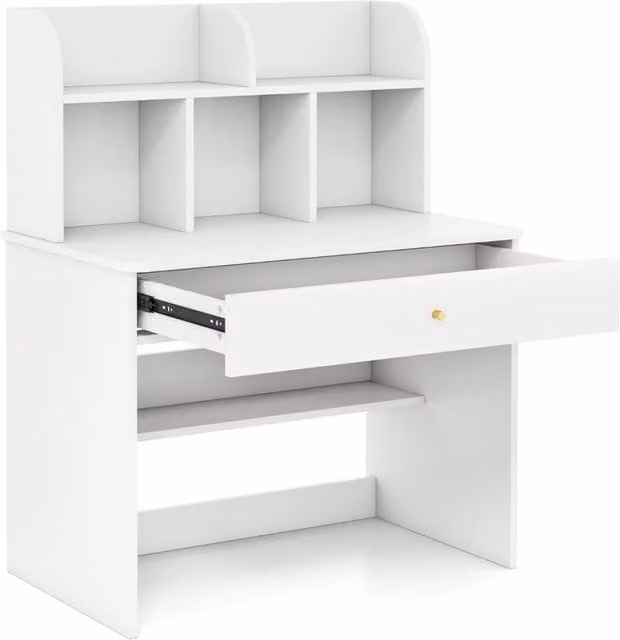Scrivania in legno per bambini con mensola e cassetto spazio di stoccaggio, Tavolo da scrittura per lettura 80x48x102cm Bianco
