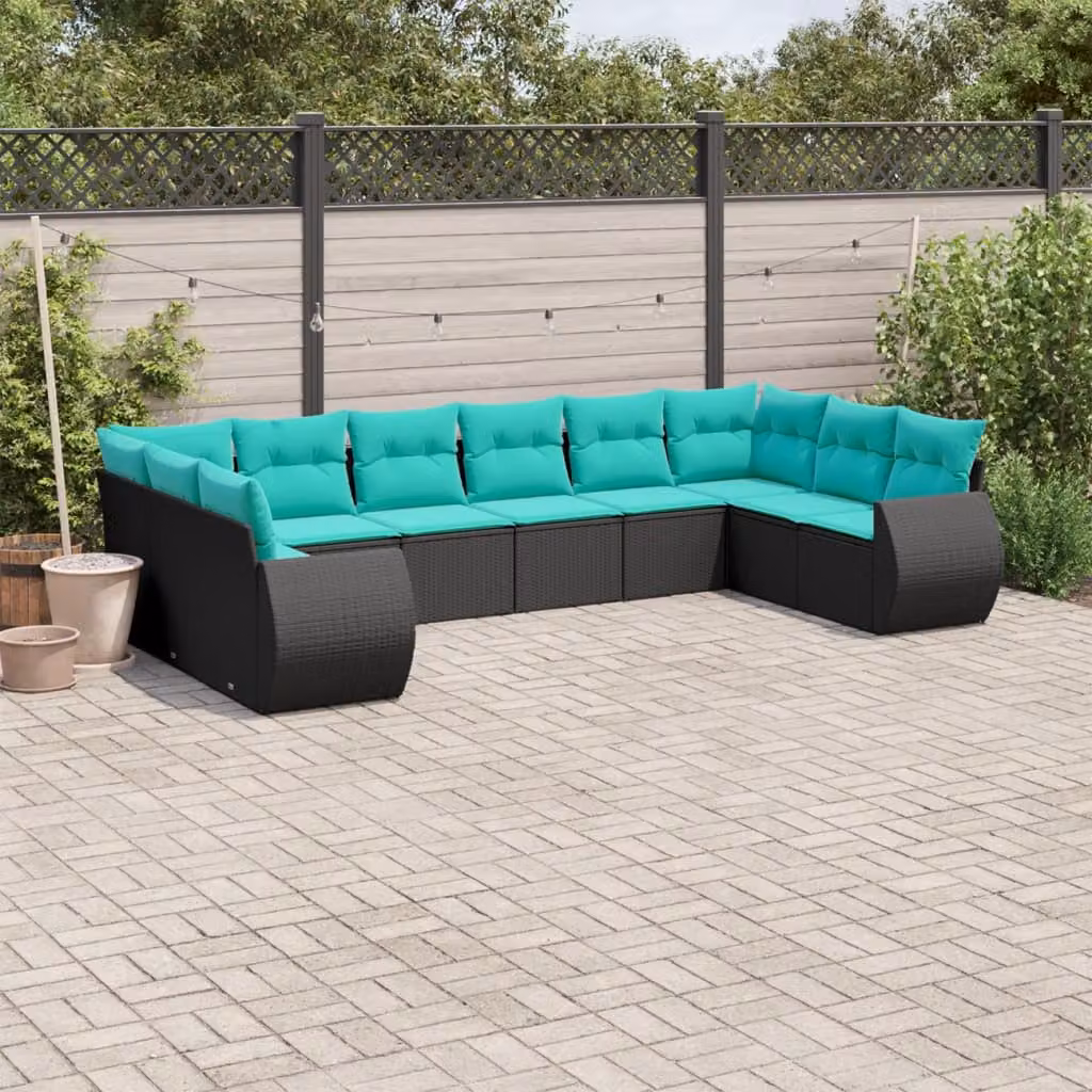 Set di divani da giardino vidaXL in polyrattan nero con cuscini, componibile a forma di U per esterno