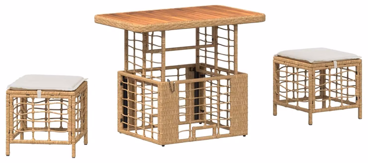 Set da Pranzo per Giardino con cuscino 3 pcs Naturale e Bianco