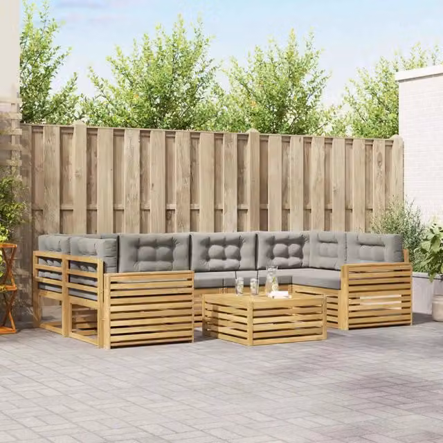 Set di divani da esterno vidaXL a forma di L composto da 7 pezzi con tavolino da caffè, in legno di acacia e tessuto bianco e grigio