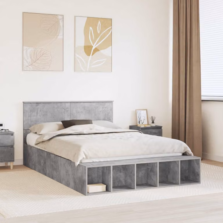 Struttura letto moderna con scaffale e cassetti vidaXL in legno, Grigio, L/P/H: 160 x 200 x 163 cm