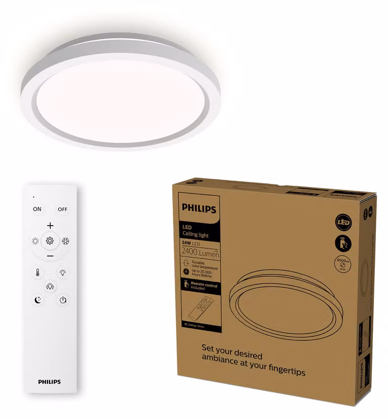 Plafoniera Philips 24W con telecomando, 1 lampadina, LED, IP20, bianco