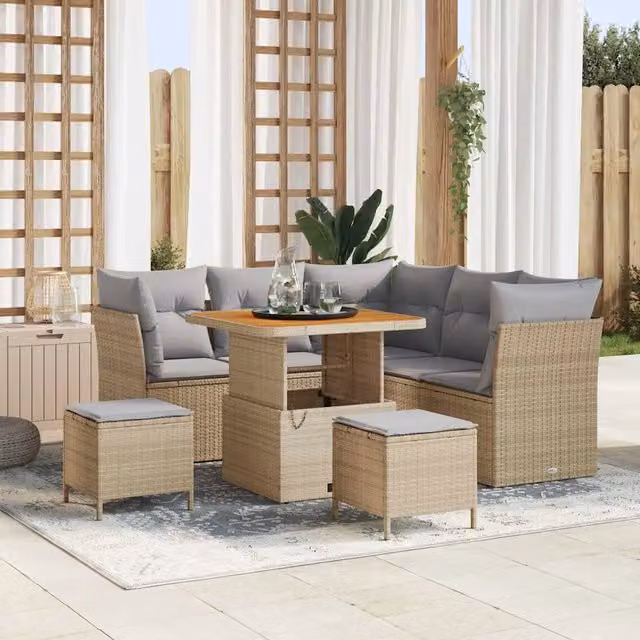 Set Divano da Giardino Moderno vidaXL con 8 Pezzi, Sedute Imbottite Beige e Grigio con Tavolino e Ottoman