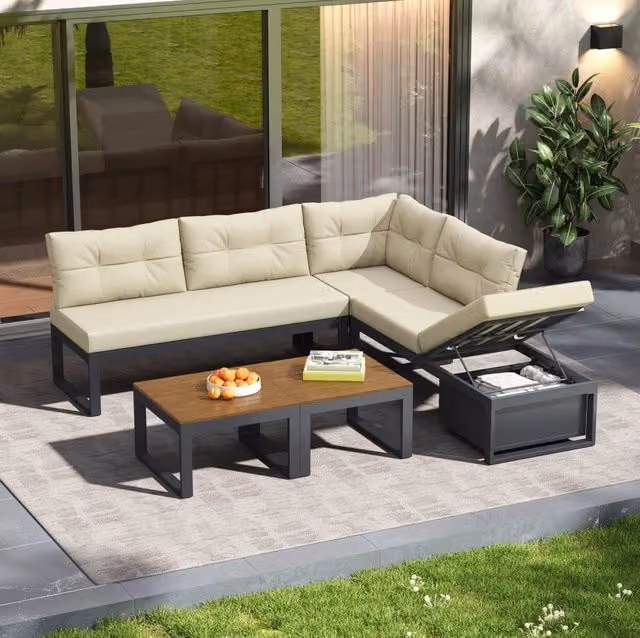 Set divani da giardino modulare regolabile a 3 livelli con vano contenitore; poliestere beige