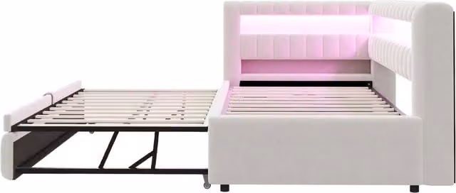 Divano Letto Imbottito Estraibile 90x200 cm con Illuminazione LED, Rivestimento in Velluto Beige, Porta USB, Testiera e Schienale con Ripiani