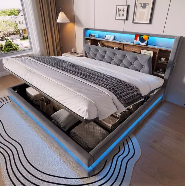 Letto imbottito 180x200 cm con contenitore, testiera multifunzionale in velluto grigio scuro, illuminazione LED, porte USB e Type-C, rete a doghe idraulica