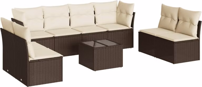 Set Divani da Giardino 9pz con Cuscini Marrone in Polyrattan
