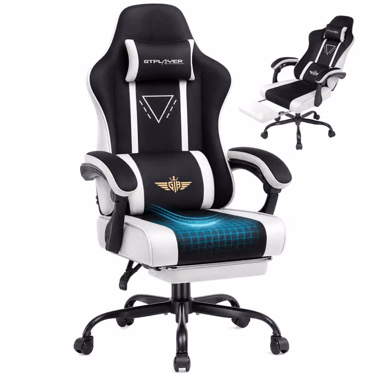 Sedia da gaming GTPLAYER, ergonomica, con rivestimento in tessuto, cuscino imbottito, braccioli regolabili e poggiapiedi, capacità di carico fino a 150 kg