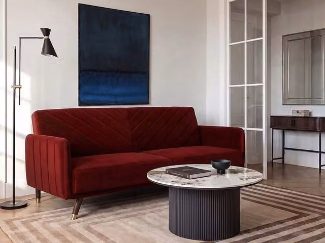 Divano Letto Click Clack Beliani in Velluto Rosso con Struttura in Legno e Poggiatesta Regolabile per Soggiorno Moderno – 1