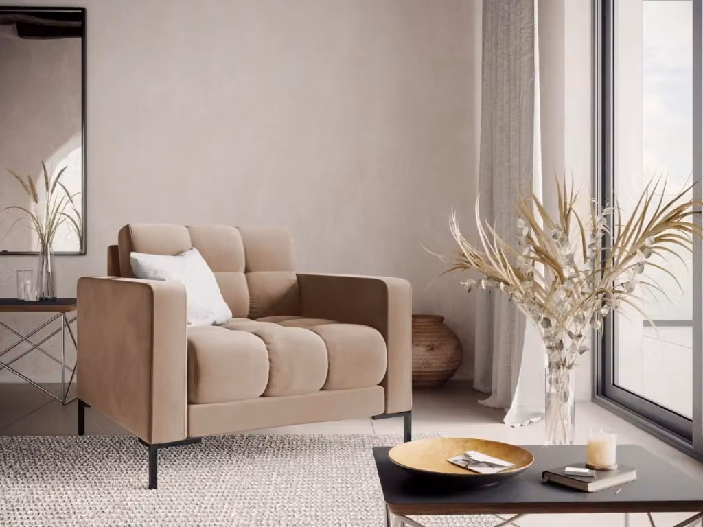 Poltrona Bali Cosmopolitan Design in velluto beige con struttura in metallo nero e braccioli – 2