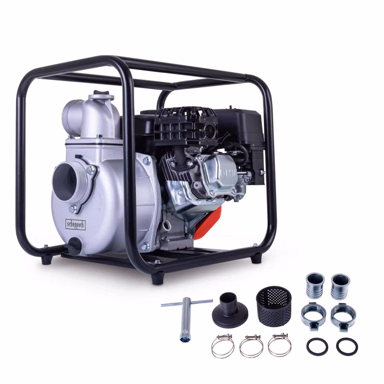 Scheppach PWP60 Pompa per acqua a benzina 60.000 L/h | 28 m di prevalenza | 7 m di altezza di aspirazione | 2,8 bar | 5,3 CV Pompa da giardino Pompa per acque sporche Pompa per acqua