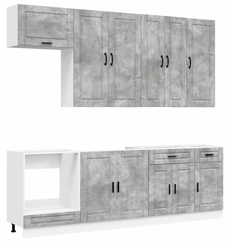 Set di mobili da cucina PORTO, 8 pezzi, colore grigio cemento, materiale: legno composito