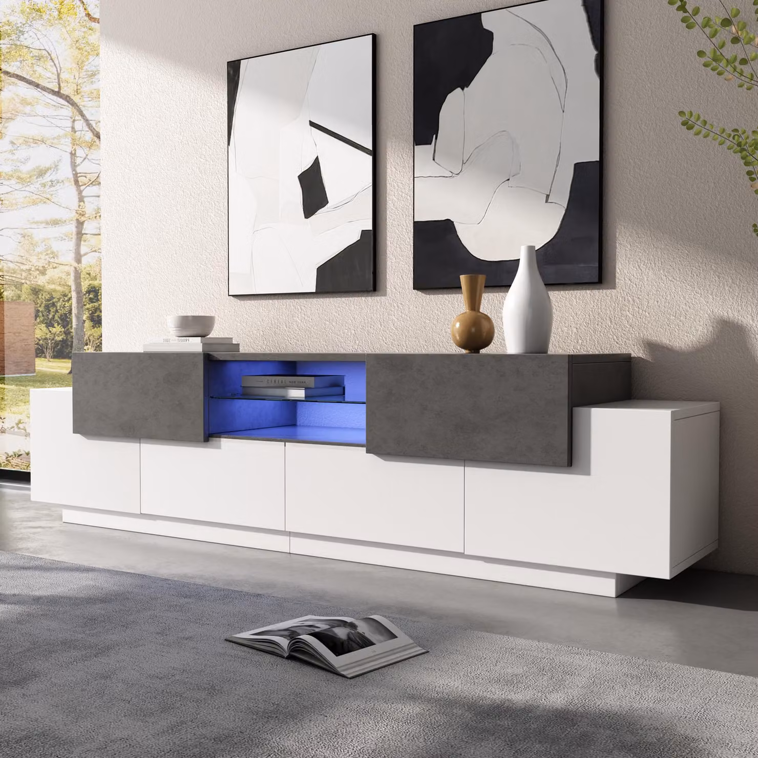 Lowboard moderno PD1 per TV LED con illuminazione RGB integrata, effetto marmo e ripiani in vetro, L/P/H: 180 x 40 x 45 cm, Grigio e Bianco – 2