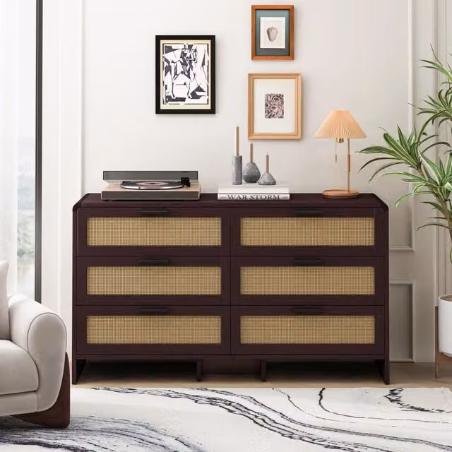 Armadietto angolo in rattan - Zephmum - 130cm - Rosso-marrone, Marrone - 6 cassetti