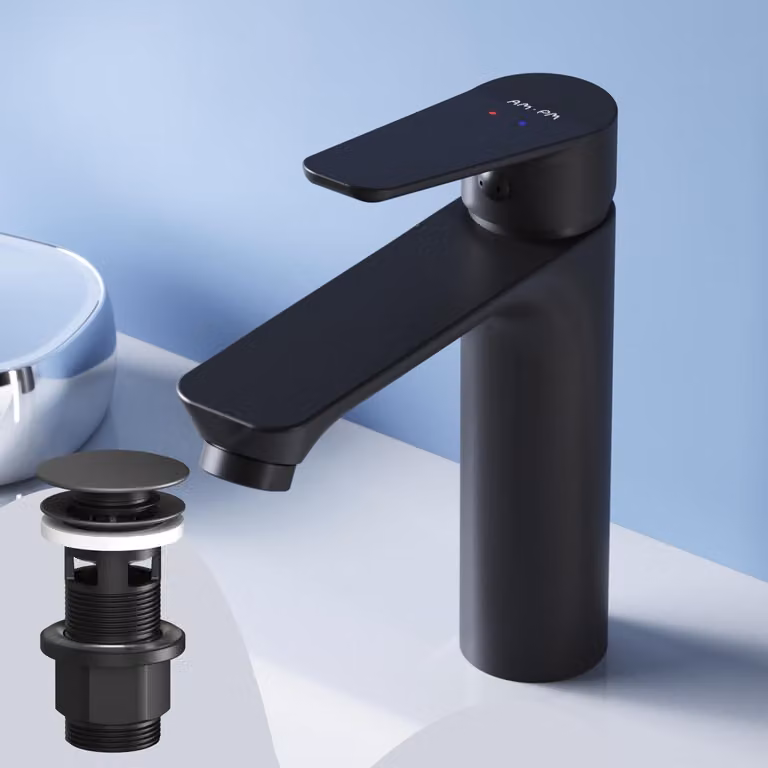 Miscelatore monocomando per lavabo EcoStart, nero, con sistema di scarico a tappo a click