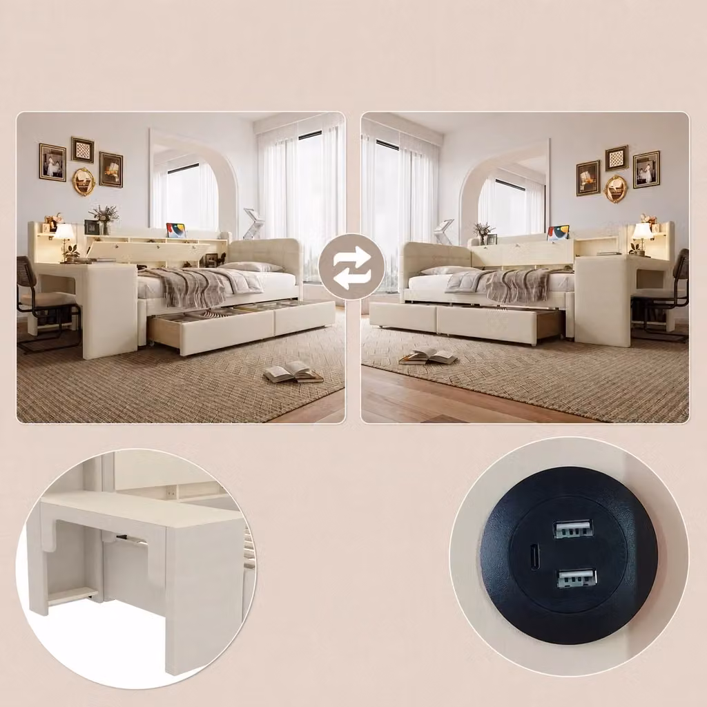 Divano letto singolo in lino beige con scrivania, prese USB e 2 cassetti, L/P/H: 238 x 90 x 101.5 cm – 2