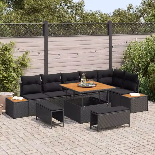 Set Divano da Giardino 9 pz 8-Numero di posti Nero Poly Rattan 3364874