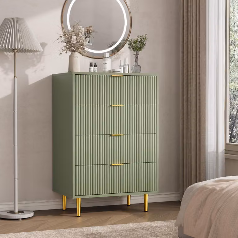 Comodino con frontale scanalato, 4 cassetti, ideale per la camera da letto o il soggiorno, colore verde avocado