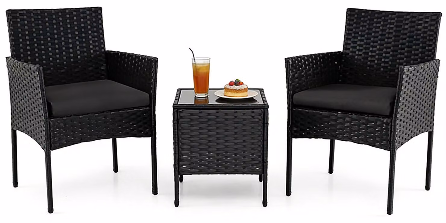 Set di mobili da giardino KOMFOTTEU, set di mobili da balcone in rattan con cuscini removibili, set lounge con 2 poltrone e tavolo, gruppo sedute per giardino, terrazza, balcone, cortile (nero)