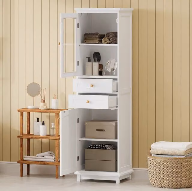 Armadio da bagno con anta in vetro; 2 vani e 2 cassetti; 45 x 36 x 160 cm; MDF; bianco