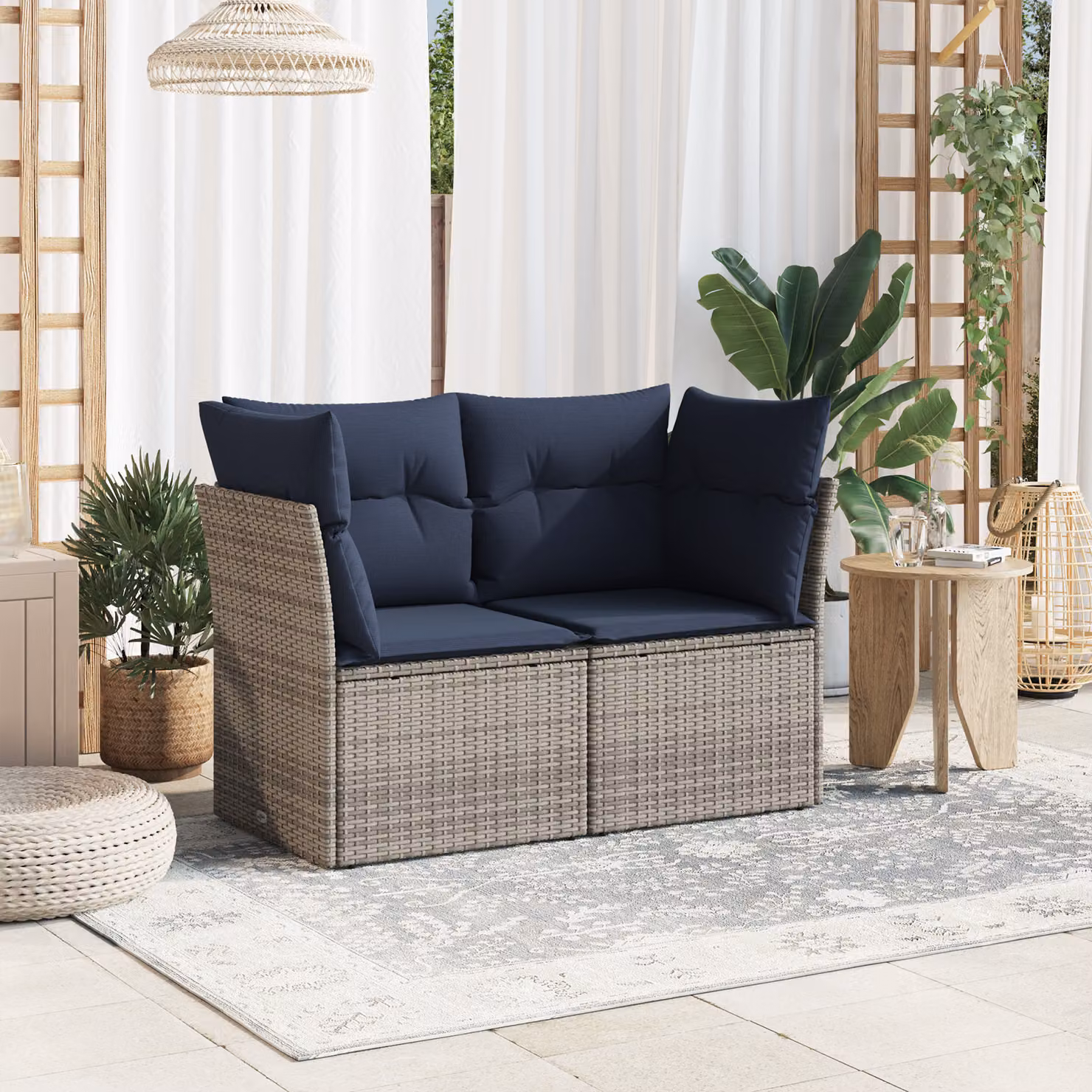 vidaXL Divano da Giardino Moderno a L in Polyrattan con Cuscini Blu e Grigio per 2 Persone