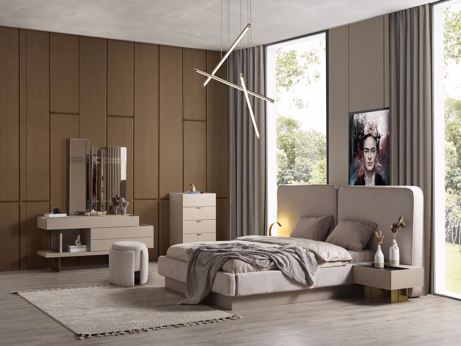 Schlafzimmer Beige Bett 2x Nachttische Kommode Spiegel Schminktis Spiegel