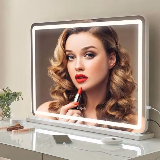 Specchio di trucco illuminato con 3 colori di luce e USB, Grande specchio per soggiorno o camera da letto