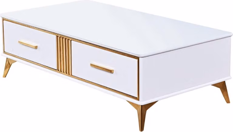 Tavolino Casa Padrino bianco/oro 130 x 70 x h. 41 cm - Tavolo da salotto moderno con 2 cassetti - Mobili da salotto moderni