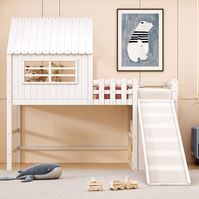 Letto a soppalco 90 × 200 cm con scivolo scala e ripiani integrati in legno e MDF bianco con rete a doghe
