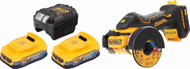 Taglierina multimateriale a batteria DeWalt DCS 438 E2 18 V 76 mm Brushless + 2 batterie Powerstack da 1,7 Ah + caricabatterie
