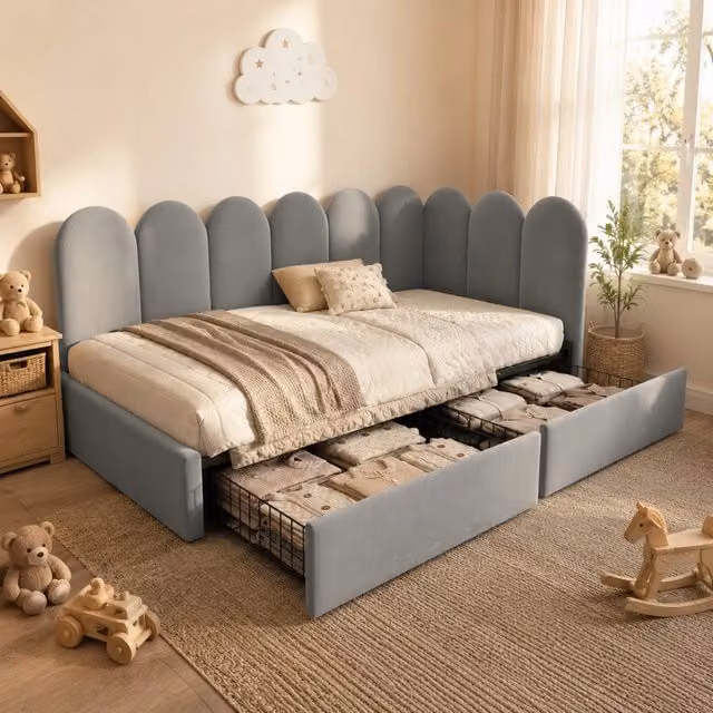 Divano letto REDOM in velluto grigio con 2 cassetti L/P/H: 199 x 94 x 76 cm