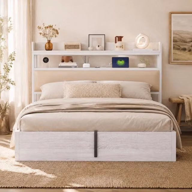 Letto contenitore 180 x 200 cm bianco in metallo e legno con contenitore USB