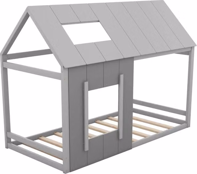 Letto per bambini 90x200 cm a forma di casa con tetto e finestra, grigio scuro e grigio chiaro