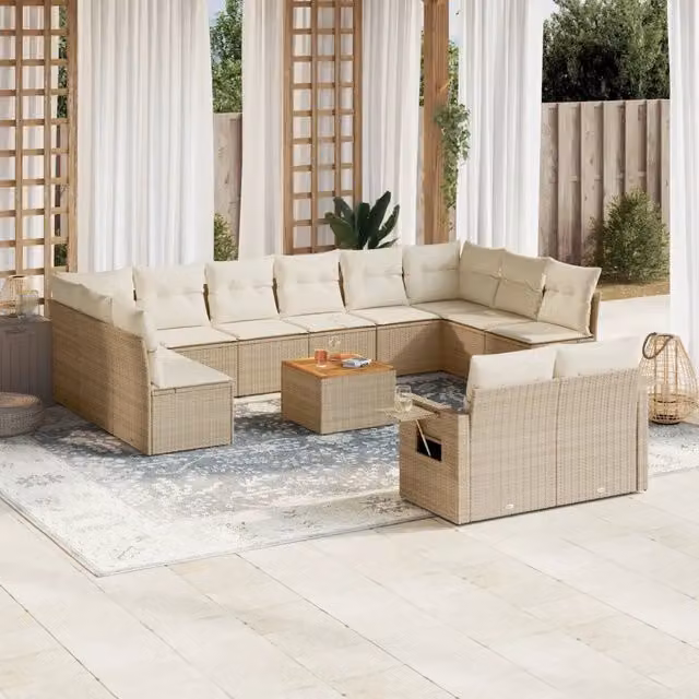 Set Divano da Giardino vidaXL a forma a U in Polyrattan con Cuscini Beige e Tavolino da Esterno 13 pz – 1